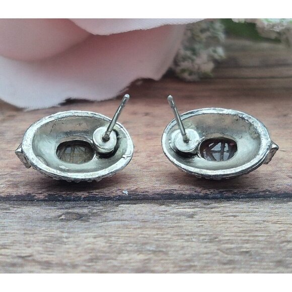 Tiny Minimalist Silver Tone & Tigers Eye Center Stud Earrings .5" Marcasite - Picture 4 of 5
